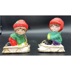 Vtg RB Made In Japan Christmas Ornaments Figurines Children On Sled 5h